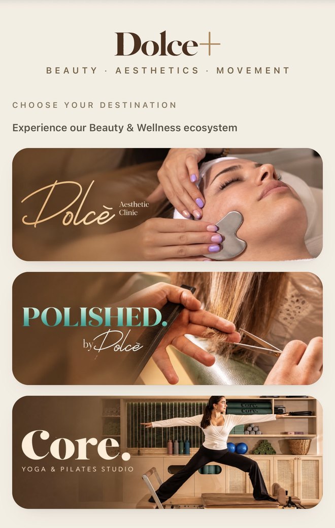 The Dolce+ app: choose your destination — Dolce, Polished or Core
